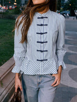 Striped Mandarin Knot Buttons Peplum Hem Shirt