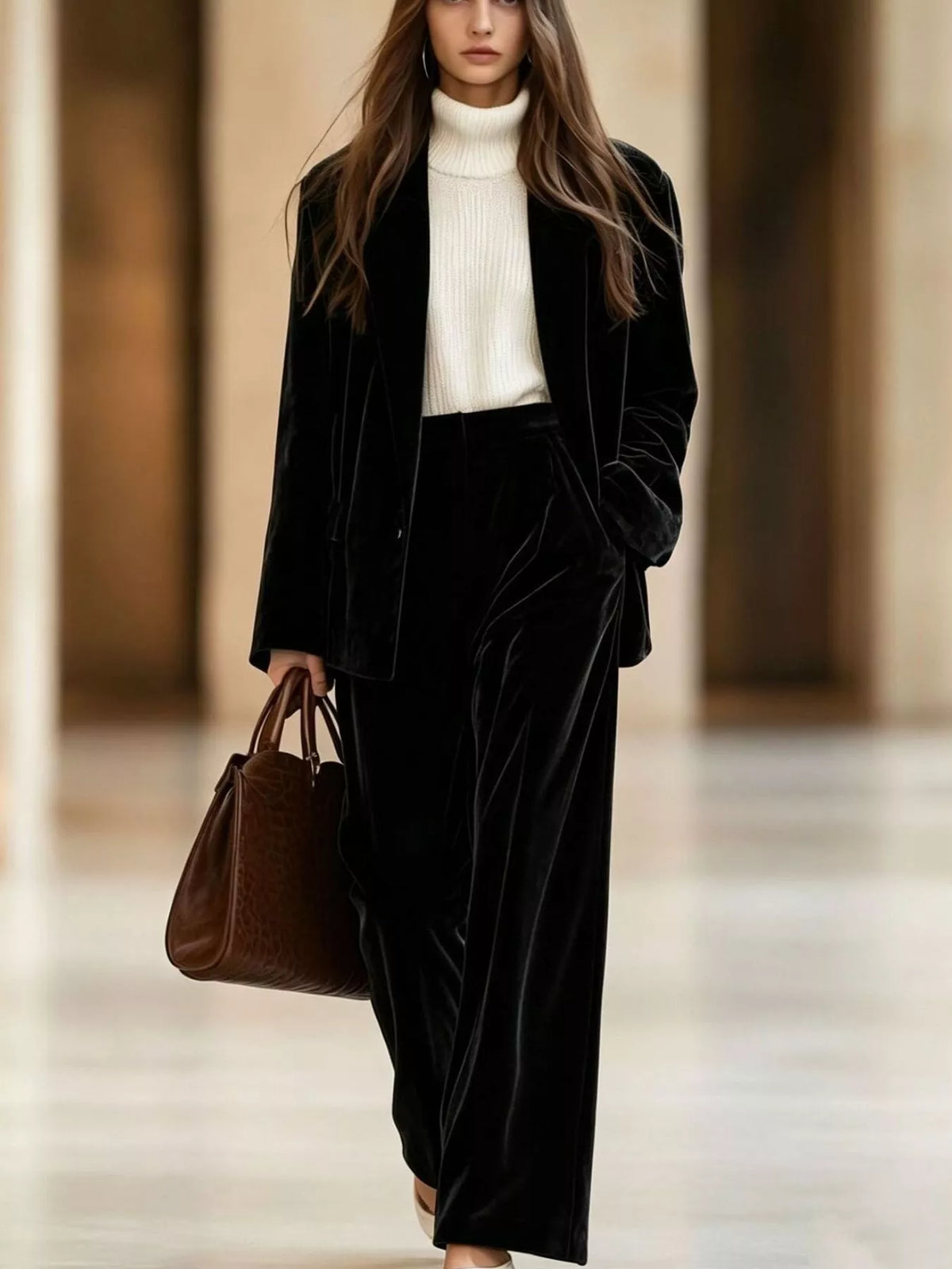 Velvet Blazer and Wide-Leg Pants Two-Piece Set