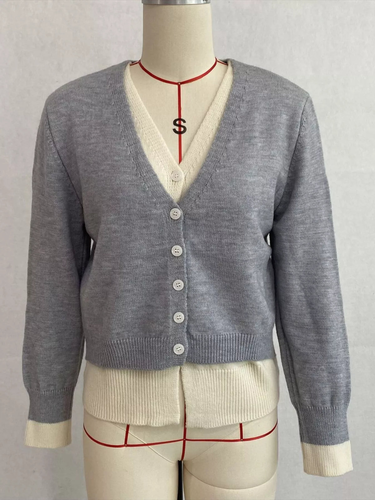 V-Neck Button-Down Contrast Layered Cardigan