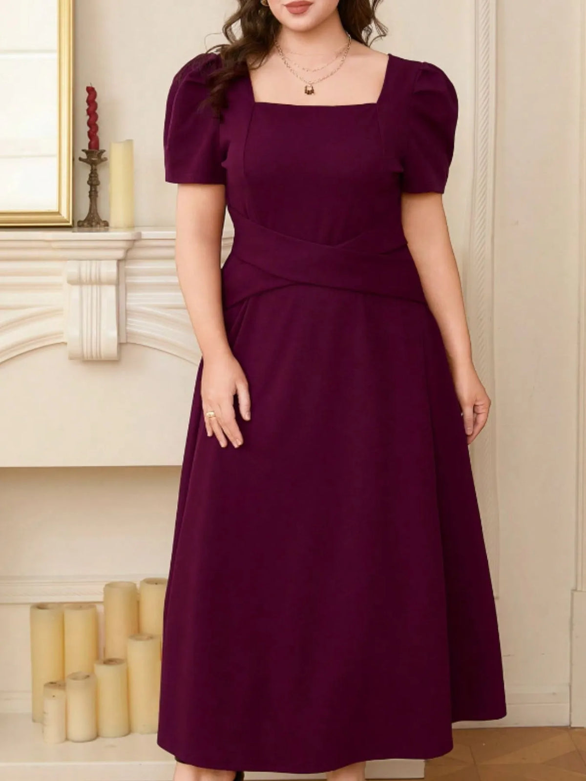 Plus Size Square Neck Puff Sleeve Midi Dress - Ladyez