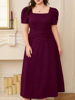 Plus Size Square Neck Puff Sleeve Midi Dress - Ladyez