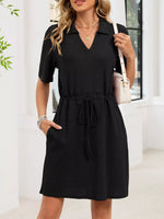 Casual Knit Polo Collar Drawstring Waist Dress