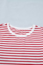 Stripe Contrast Trim Round Neck Short Puff Sleeve T Shirt