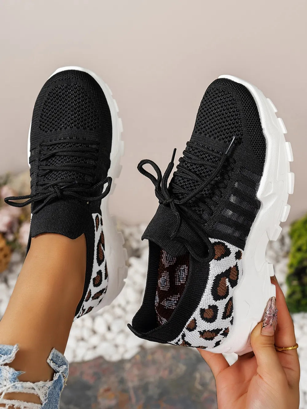 Cutout Leopard Lace Up Mesh Athletic - Ladyez