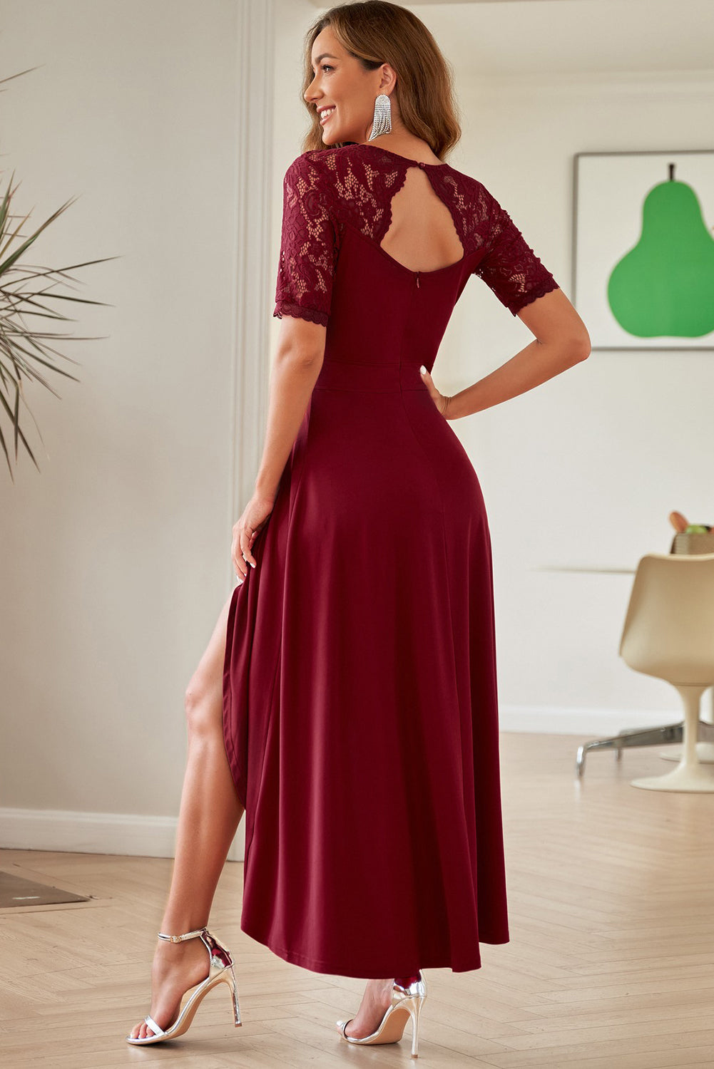 Lace Cutout V-Neck Short Sleeve Dress - Ladyez