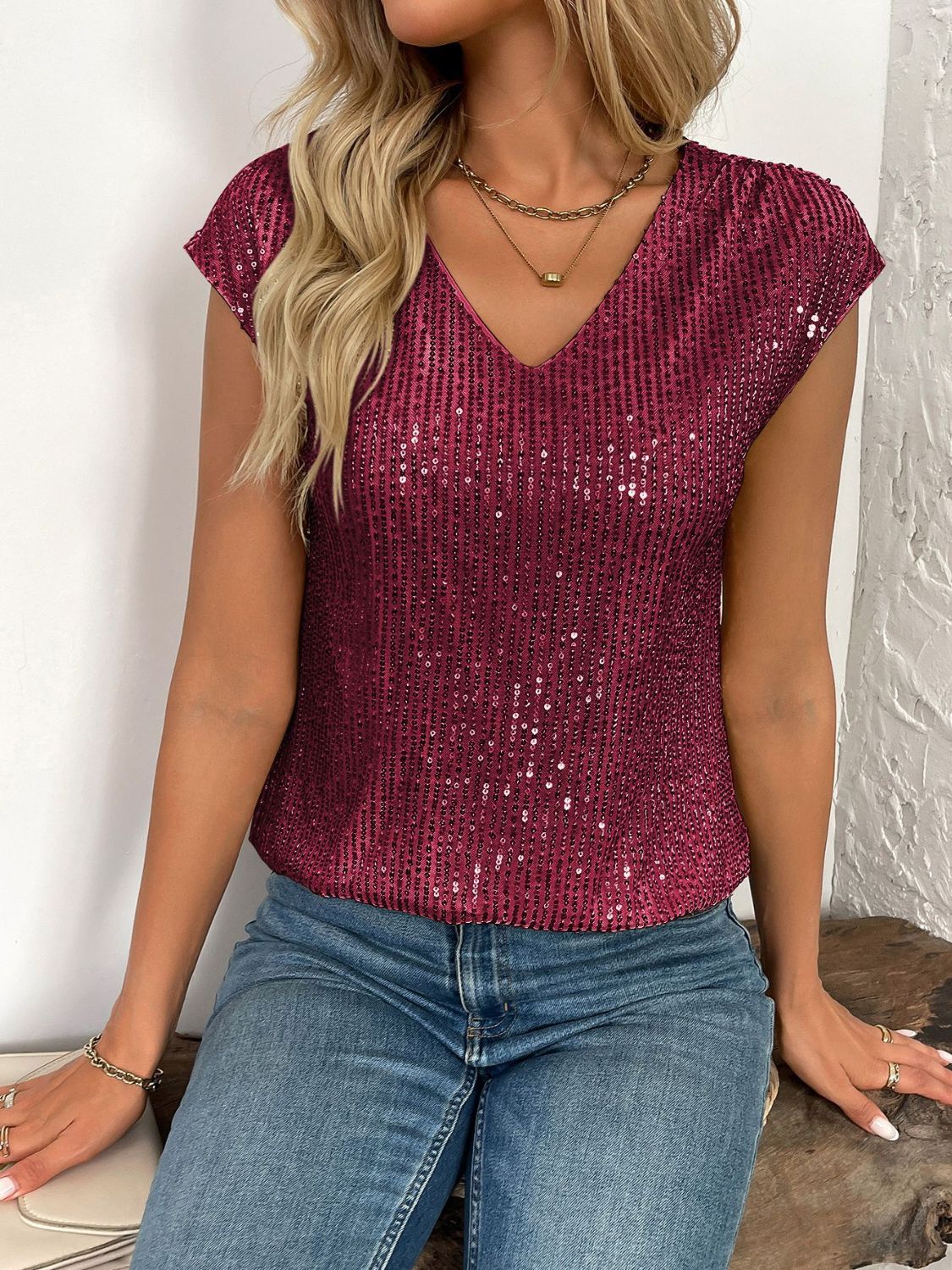 Sequin V-Neck Cap Sleeve Top - Ladyez