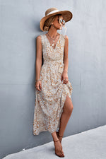 Printed V-Neck Tie Waist Maxi Dress - Ladyez