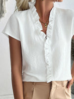 Ruffled V-Neck Short Sleeve Blouse - Ladyez