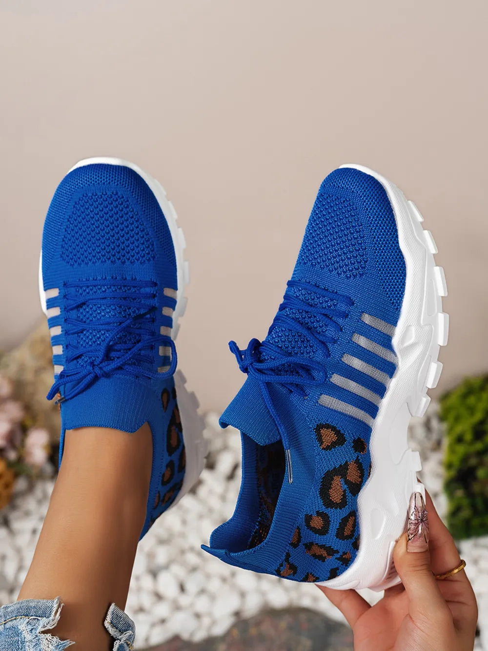 Cutout Leopard Lace Up Mesh Athletic - Ladyez
