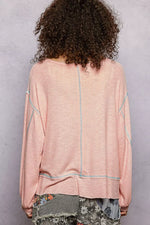 POL Round Neck Long Sleeve Exposed Seam Top with Chest Pocket