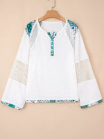 Mesh Patched Color Block Half Button Blouse