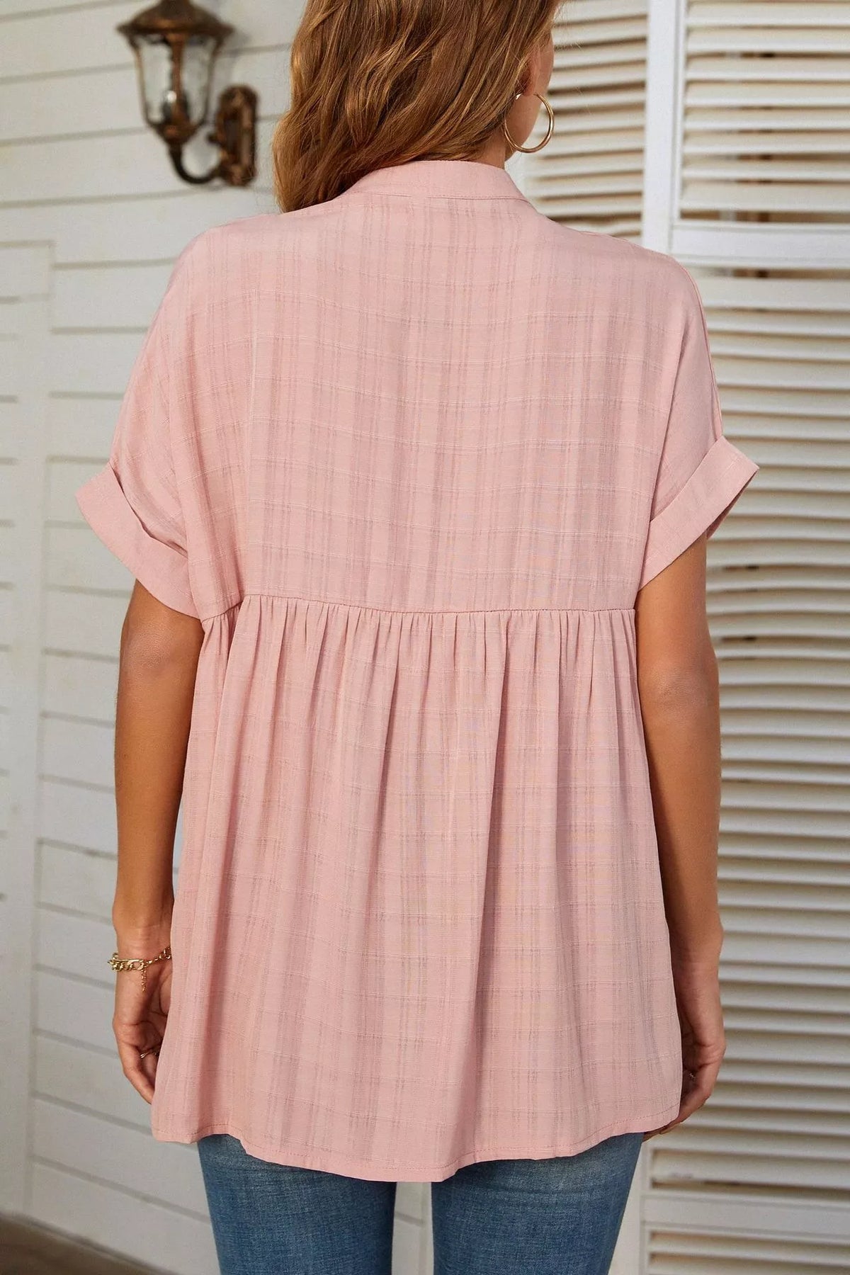 Notched Short Sleeve Blouse