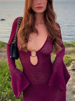 Slit Plunge Flare Sleeve Cover-Up Dress - Ladyez