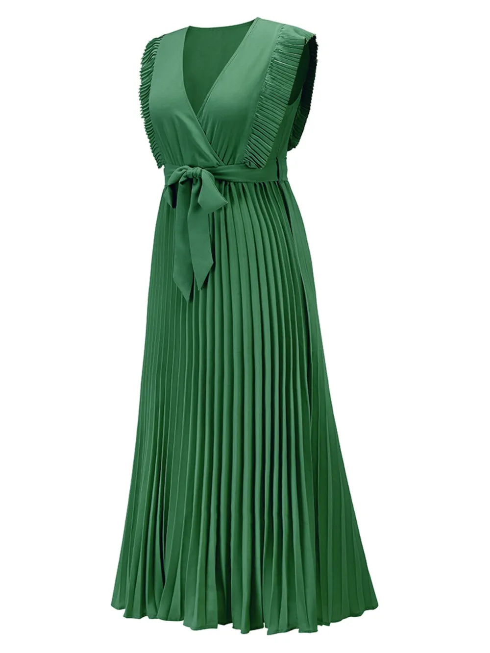 Tied Surplice Cap Sleeve Pleated Dress - Ladyez