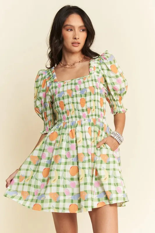 Davi & Dani Fruits Printed Smocking Mini Dress - Ladyez