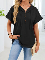 Casual Waffle Knit Button Detail Hooded Top