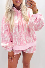 Abstract Print Loose Hoodie Slim Shorts 2pcs Set