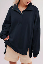 uttoned Collared Raw Detail High Low Baggy Sweatshirt with Slits
