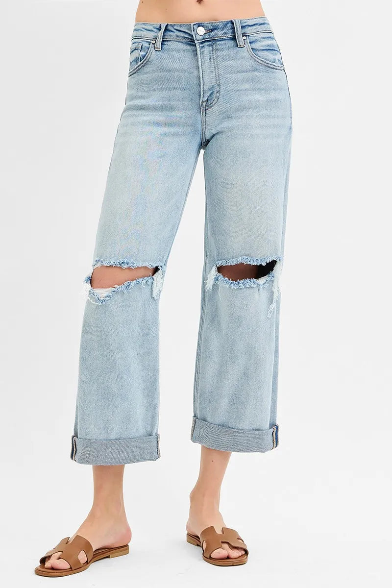 RISEN Full Size Mid Rise Fit Boyfriend Jeans with Cuff Plus Size - Ladyez