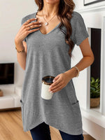 Full Size V-Neck Pocket Front Asymmetric Hem T-Shirt Plus Size