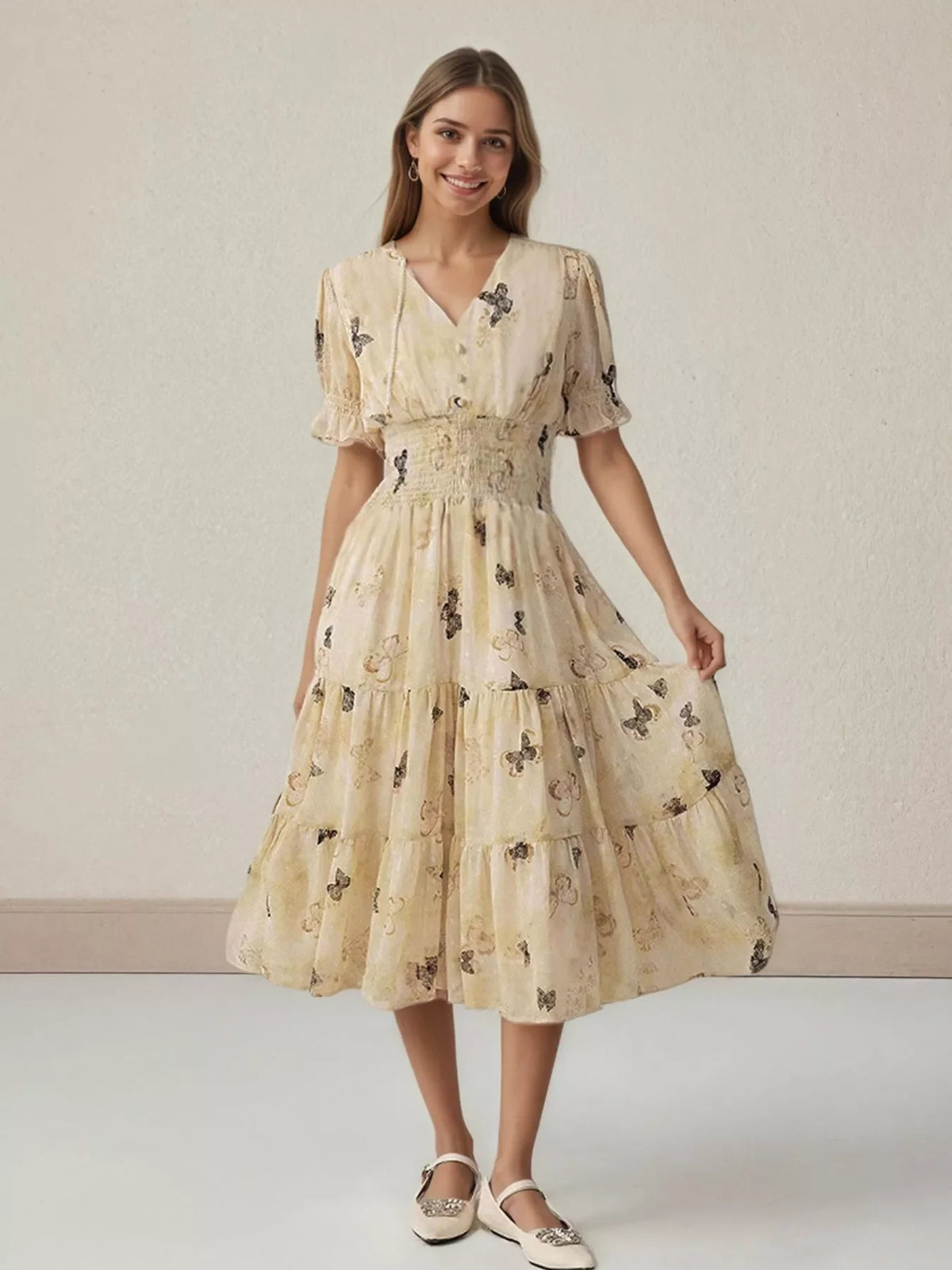 Butterfly Print Smocked Waist Tiered Midi Dress