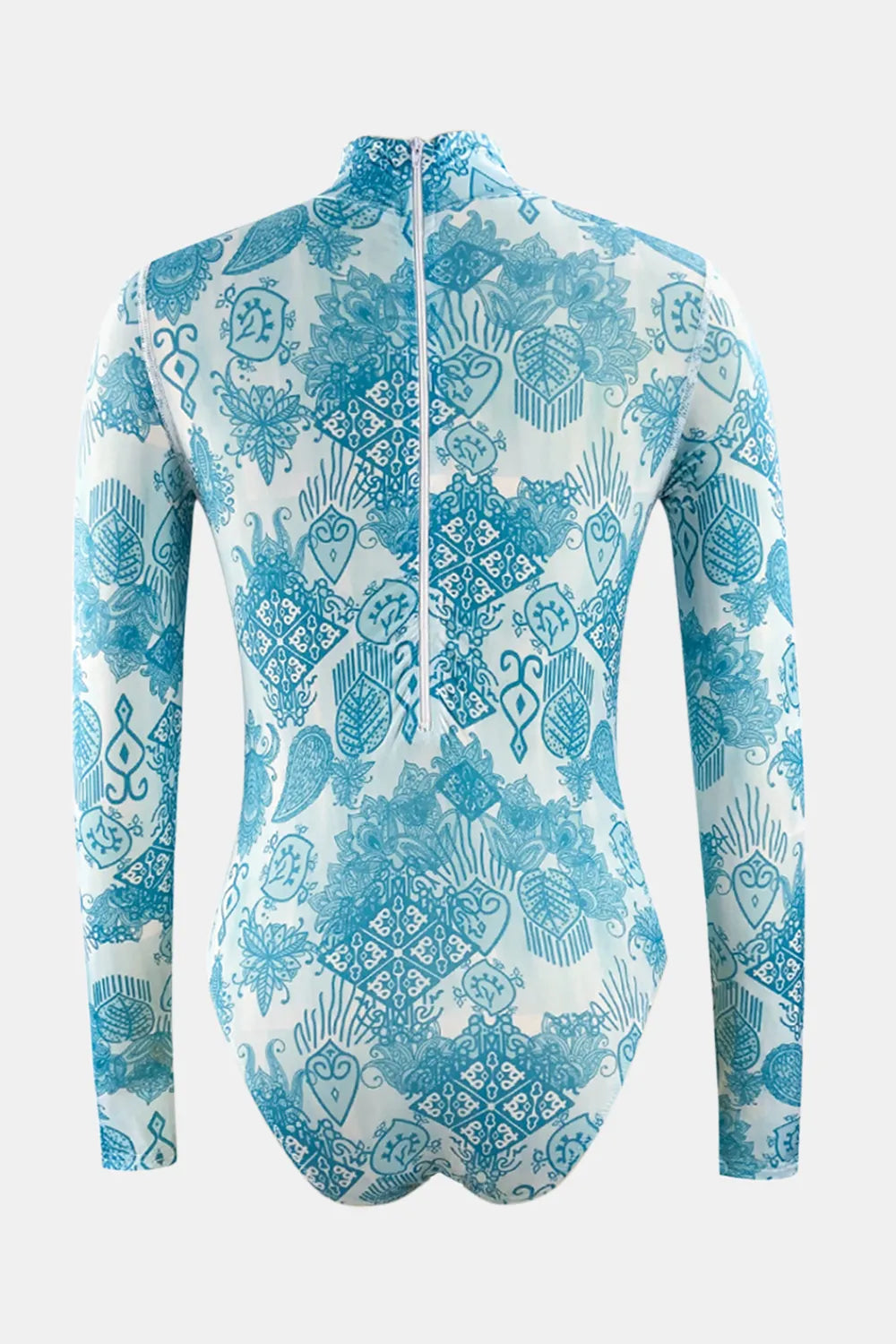Printed Mock Neck Long Sleeve One-Piece Swimwear - Ladyez