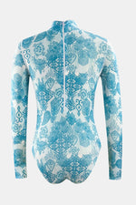 Printed Mock Neck Long Sleeve One-Piece Swimwear - Ladyez