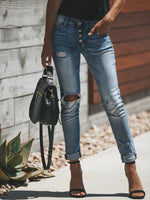 Distressed Button-Fly Skinny Jeans - Ladyez