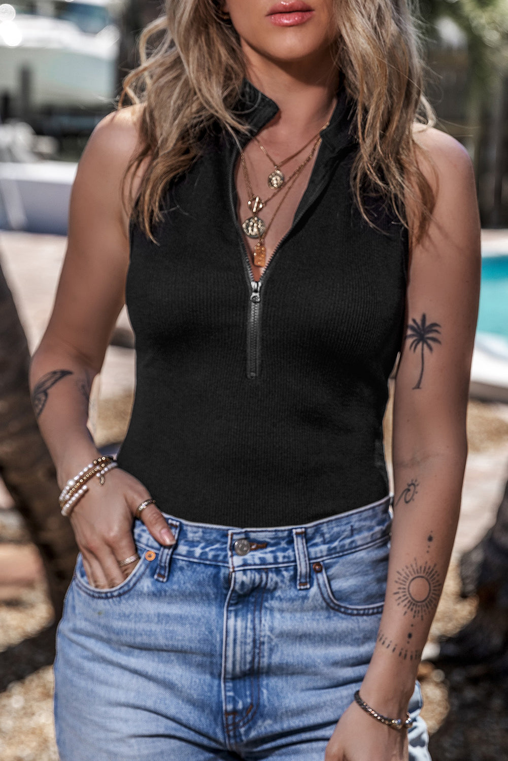 Zip Up Mock Neck Sleeveless Bodysuit - Ladyez