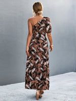 Printed Tie Waist One Shoulder Maxi Dress - Ladyez