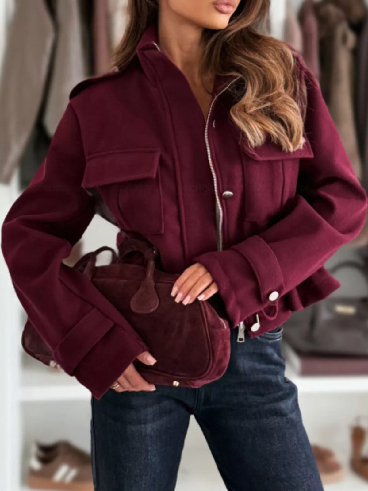 Drawstring Button-Up Casual Jacket