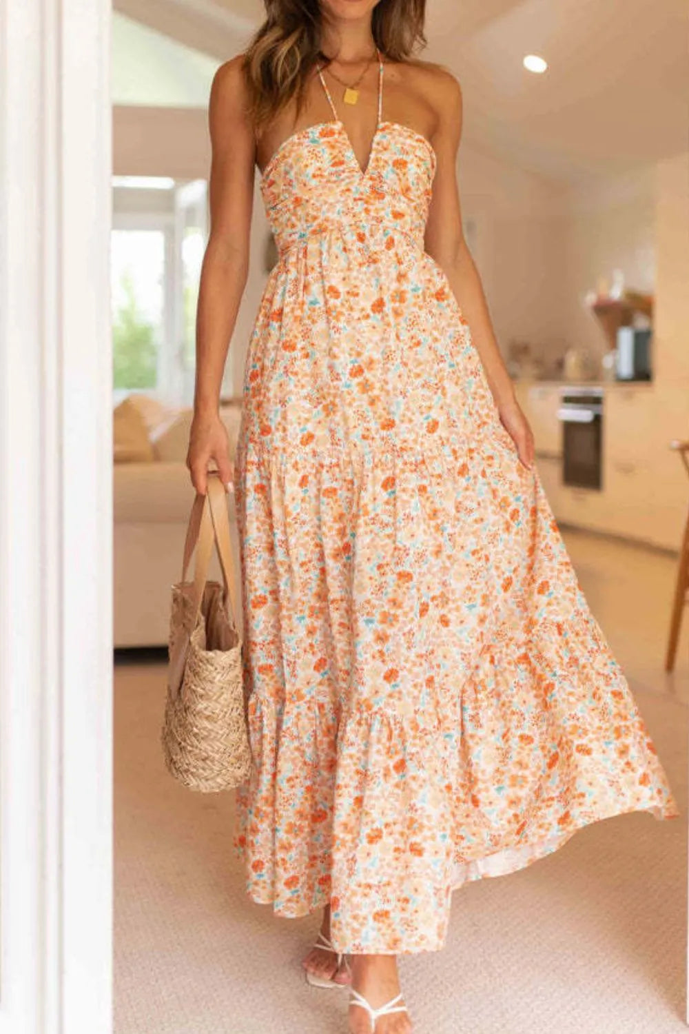 Tiered Halter Neck Printed Cami Dress - Ladyez