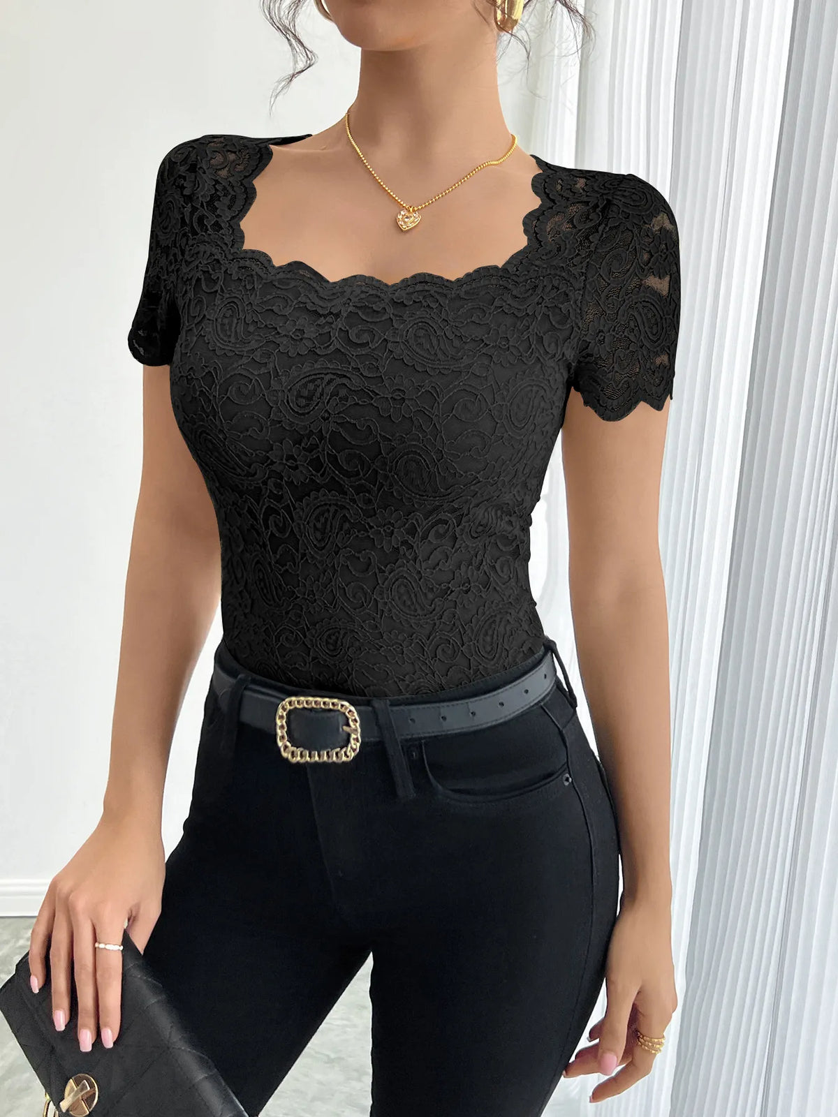 Floral Lace Square Neck T-Shirt - Ladyez