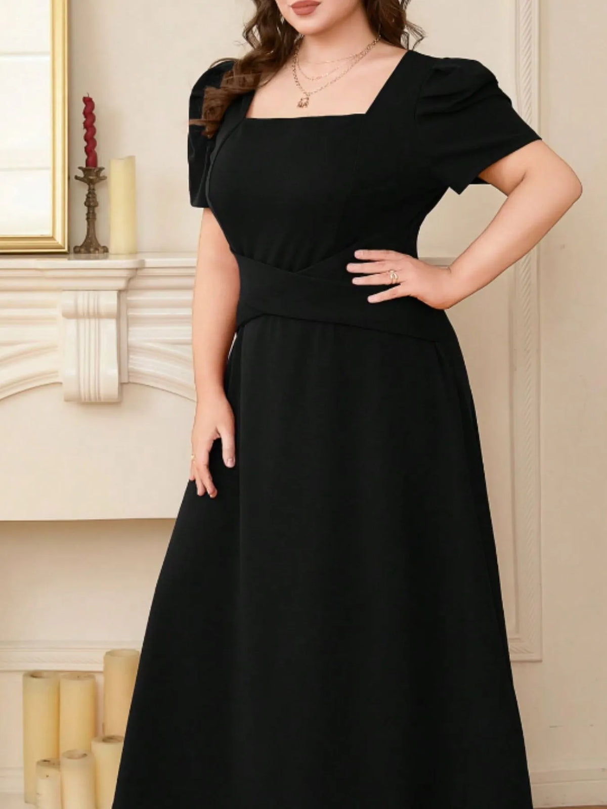 Plus Size Square Neck Puff Sleeve Midi Dress - Ladyez
