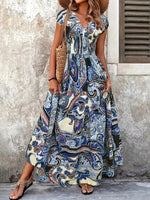 Printed V-Neck Cap Sleeve Maxi Dress