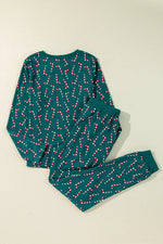Candy Cane Print Round Neck Top and Pants Lounge Set - Ladyez