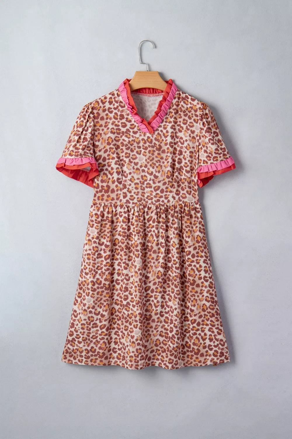 Leopard High Waist Ruffled Colorblock Trim Short Dress