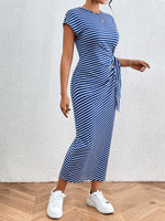 Honey Tied Striped Round Neck Short Sleeve Tee Dress - Ladyez