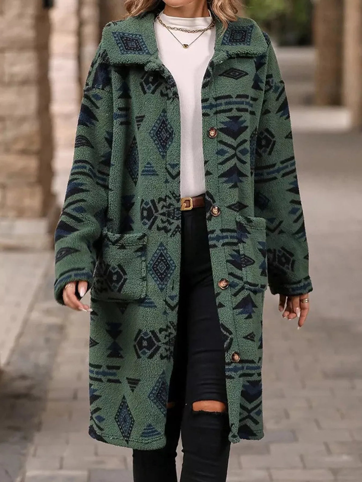 Geometric Button Up Longline Coat