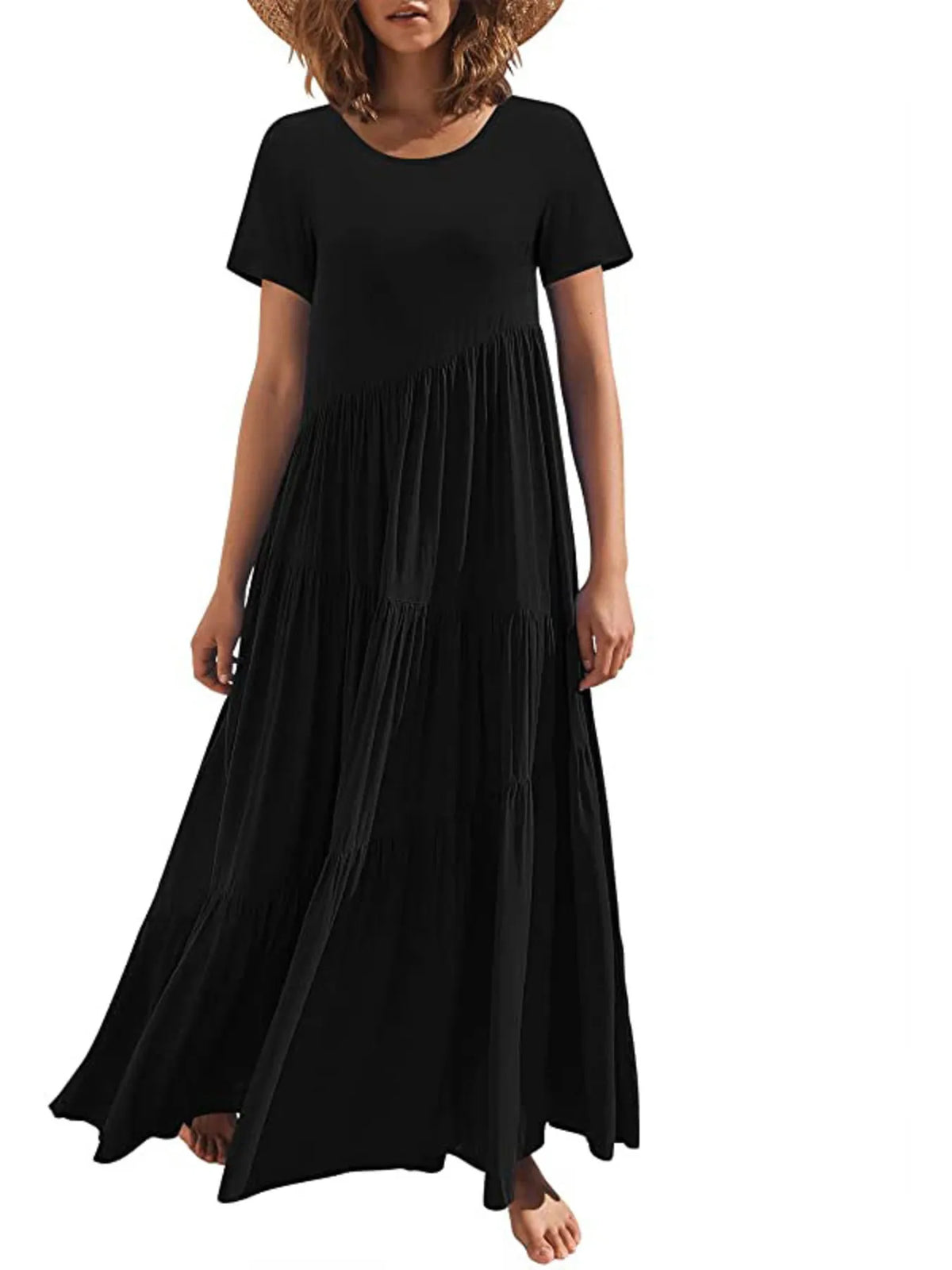 Round Neck Tiered Ruffle Maxi Dress - Ladyez