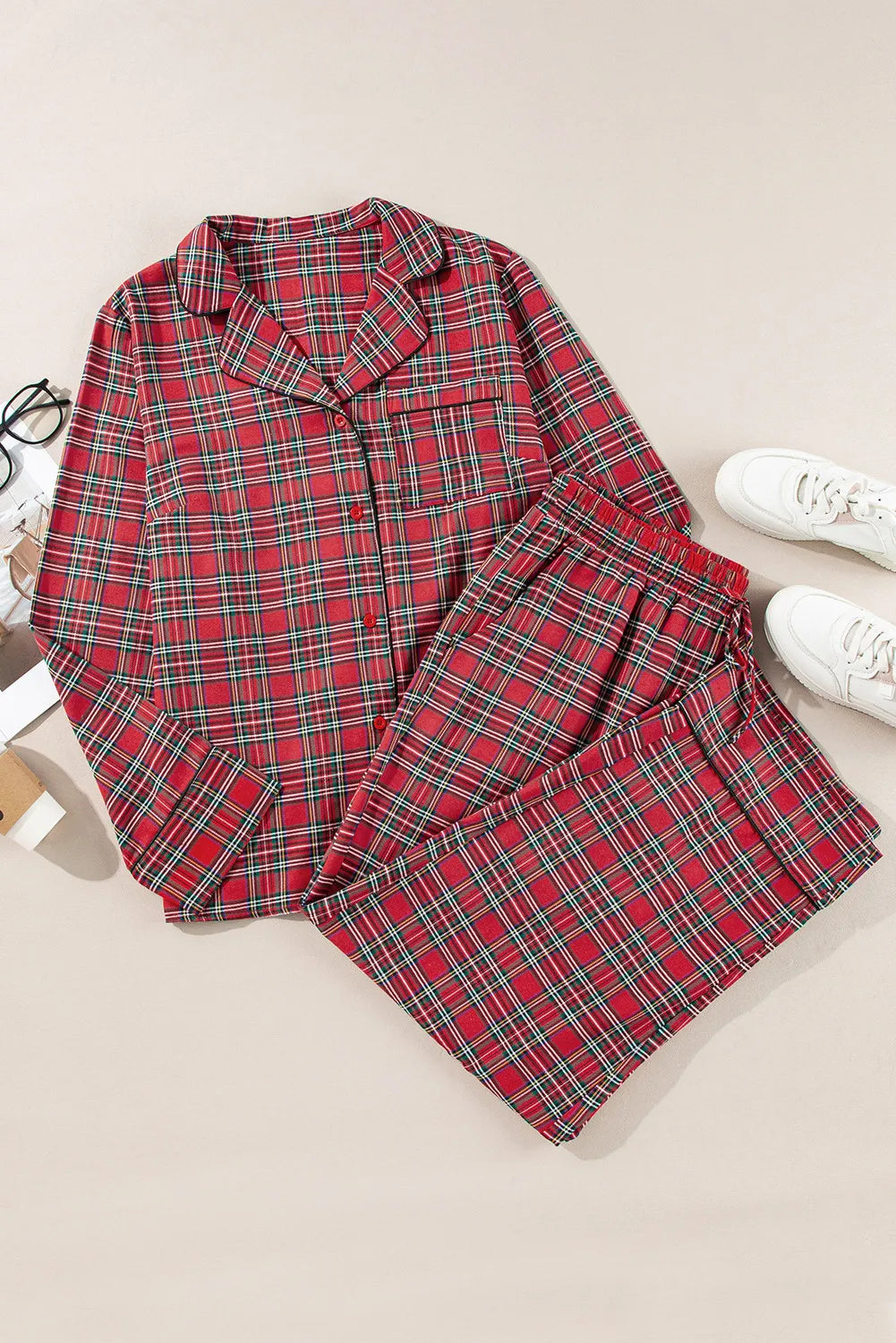 Plus Size Plaid Collared Neck Top and Pants Lounge Set - Ladyez