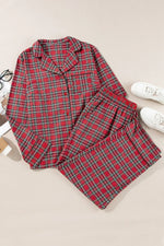 Plus Size Plaid Collared Neck Top and Pants Lounge Set - Ladyez