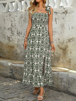 Smocked Slit Printed Tie Shoulder Dress