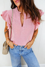 Stripe Frilly Split Neck Double Ruffled Short Sleeve Blouse