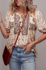 Boho Floral Print Half Placket Short Sleeve Loose Blouse