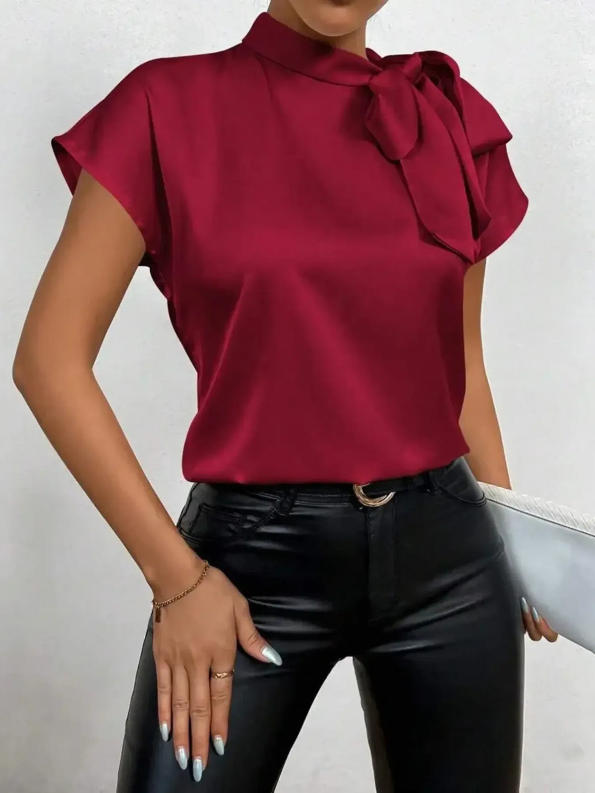 Satin Bow Tie Neck Blouse - Ladyez