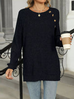 Round Neck Side Slit Ribbed Knit Top with Asymmetric Button Detail