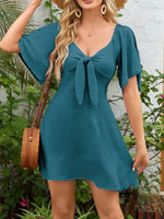Smocked Back Knotted Flutter Sleeve Dress - Ladyez