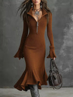 Ribbed Knit Zip Front Flare Hem Midi Dress