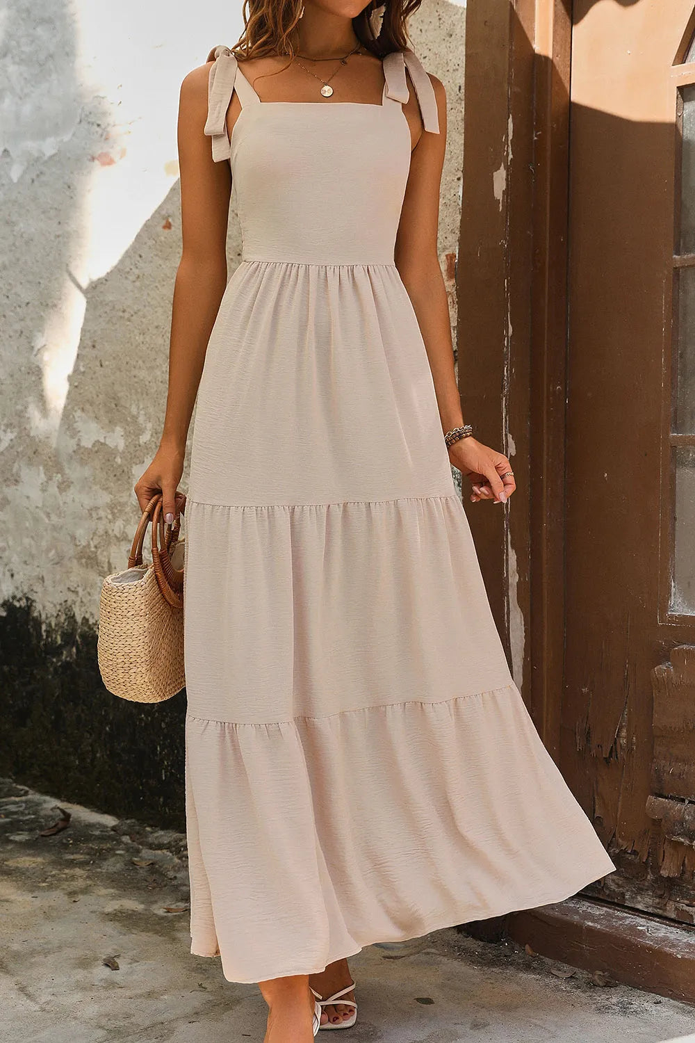 Perfee Tie Shoulder Smocked Tiered Dress - Ladyez